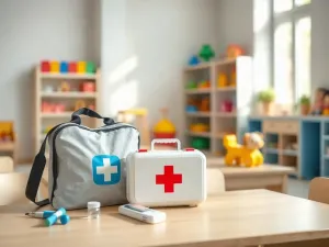 Kolorowe klocki i pluszowe zabawki na podłodze w przytulnym przedszkolu, zachęcające do wspólnej zabawy.