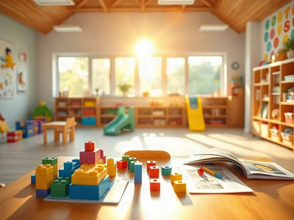 Przytulna sala przedszkolna z klockami i książkami, zachęcająca rodziców do wspólnej zabawy i wspierania edukacji dzieci.
