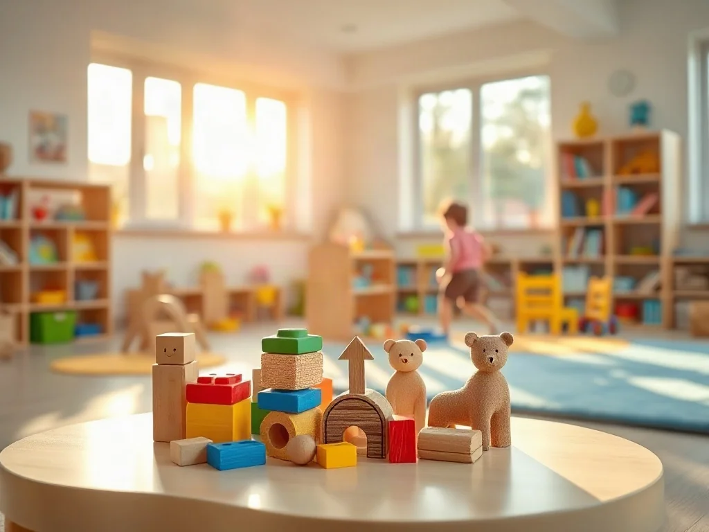 Jasne i przytulne wnętrze sali przedszkolnej z edukacyjnymi zabawkami, zachęcające do nauki i zabawy w przyjaznej atmosferze.