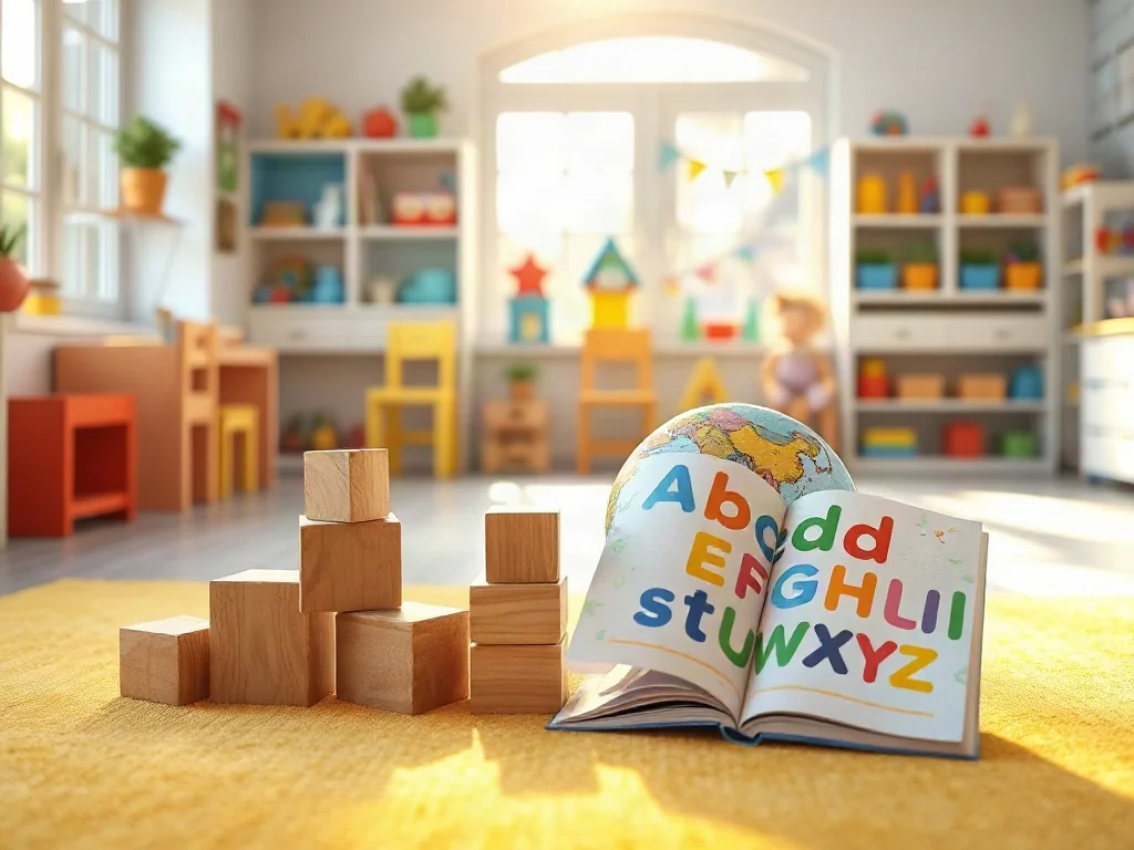 Kolorowa sala przedszkolna z pomocami edukacyjnymi, globusem i książkami, zachęcająca do nauki języków obcych.