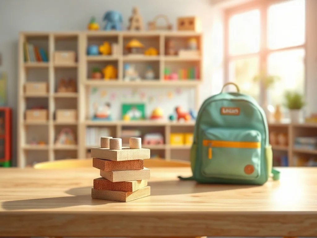 Kolorowy plecak i drewniane klocki na stole w tle przedszkolnej sali, symbolizujące przygotowanie dziecka do edukacji.