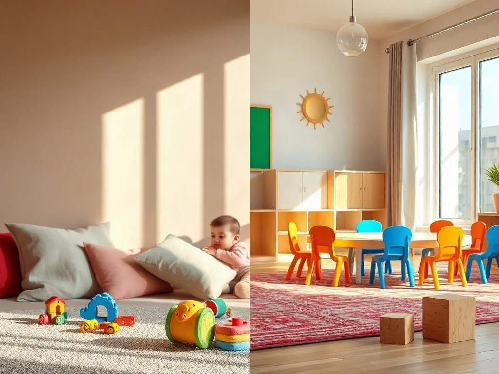 Zestawienie przytulnego salonu i uporządkowanej sali przedszkolnej, obrazujące różnice w środowisku dziecka.