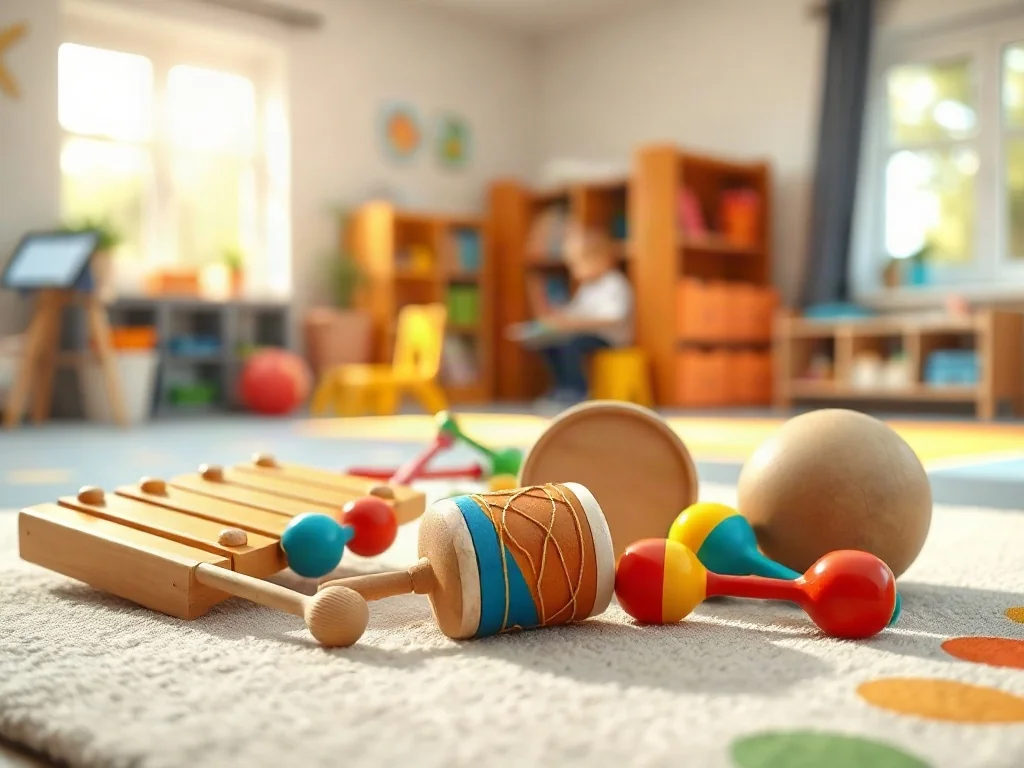 Kolorowe instrumenty muzyczne, takie jak ksylofon, bębenek i marakasy, rozłożone na macie w sali przedszkolnej.
