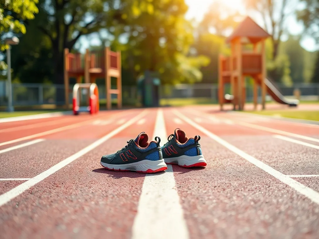 Dziecięce buty sportowe przygotowane do skoku na bezpiecznej, gumowej nawierzchni nowoczesnego placu zabaw.