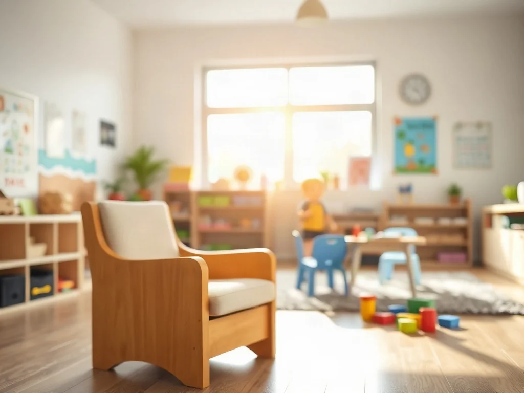 Przytulna, nowoczesna sala edukacyjna dla dzieci z kącikiem do zabawy, zachęcająca rodziców do wspólnej aktywności.