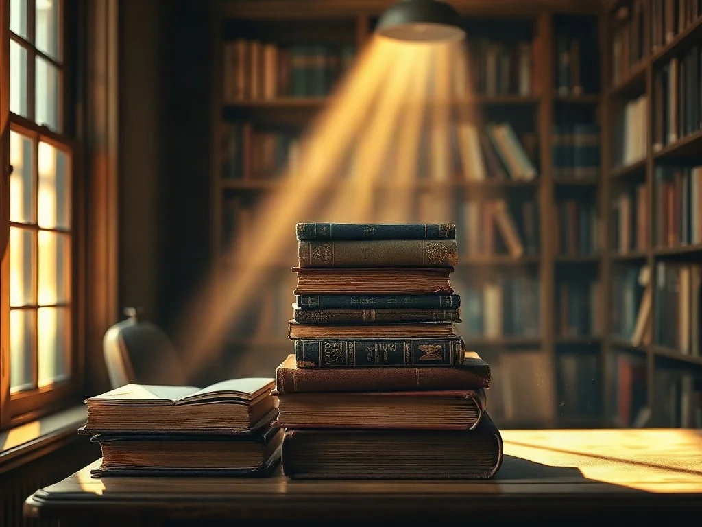 Przytulny kącik biblioteczny ze stosem starych książek w promieniach porannego słońca, tworzący atmosferę sprzyjającą lekturze.