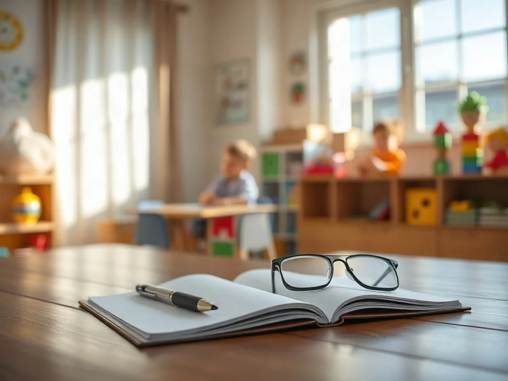 Otwarte notatnik i okulary na biurku, symbolizujące przygotowanie do merytorycznej rozmowy z przedszkolem.