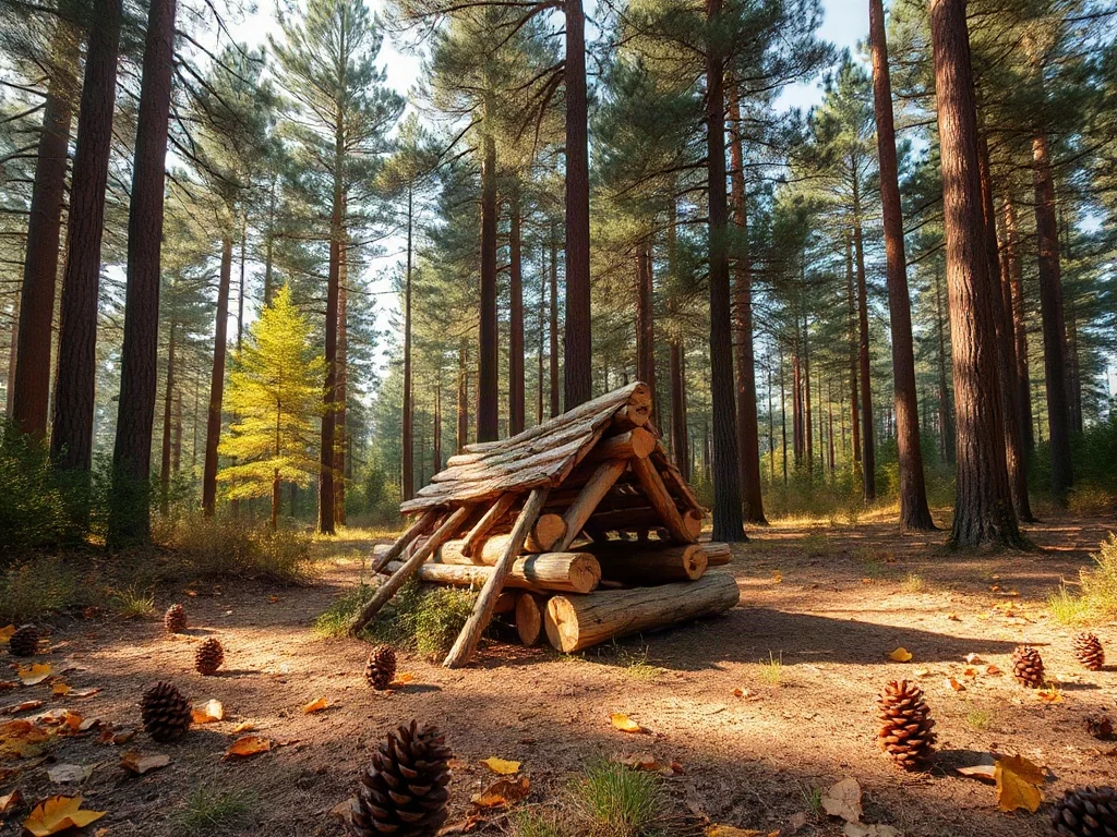 Drewniana konstrukcja z gałęzi na leśnej polanie, symbolizująca naukę i zabawę w zgodzie z naturą w leśnym przedszkolu.