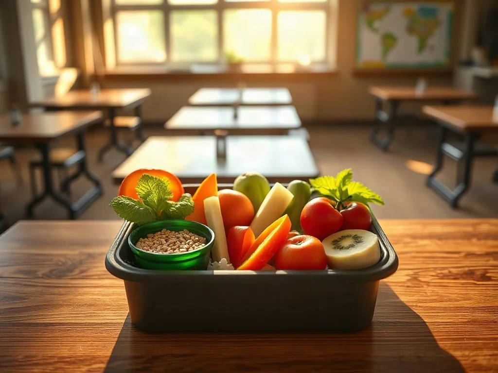 Kolorowy lunchbox z bezglutenowym posiłkiem, owocami i warzywami przygotowany dla dziecka do przedszkola.