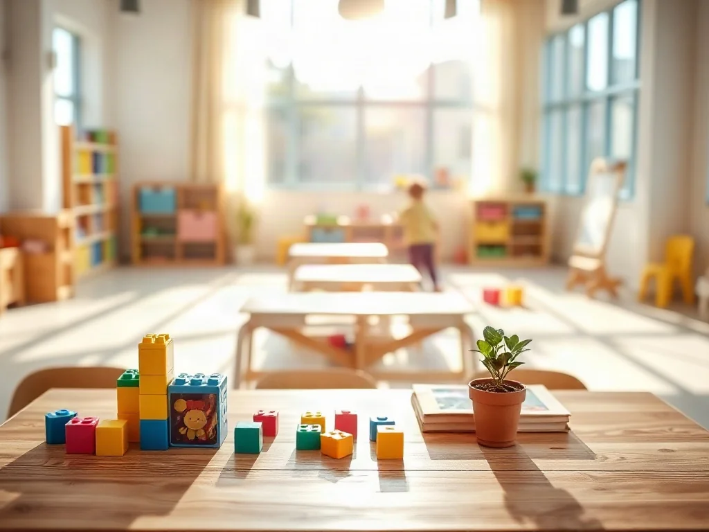 Jasne i przyjazne wnętrze nowoczesnego przedszkola z kącikiem edukacyjnym, sprzyjające kreatywnej zabawie dzieci.