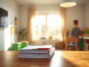Leśna polana z lupą i jesiennymi liśćmi na pniu, zachęcająca do odkrywania przyrody w ramach edukacji leśnej.