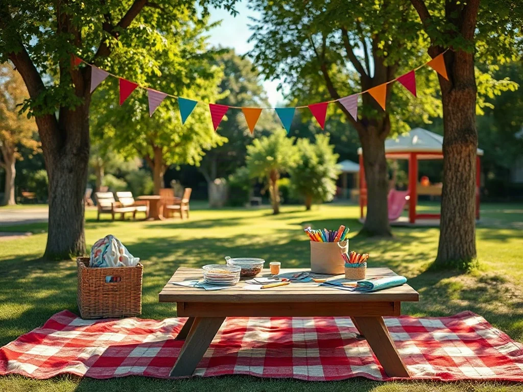 Kolorowy plac zabaw przygotowany na festyn przedszkolny z girlandami, kocami piknikowymi i stanowiskiem z materiałami plastycznymi.