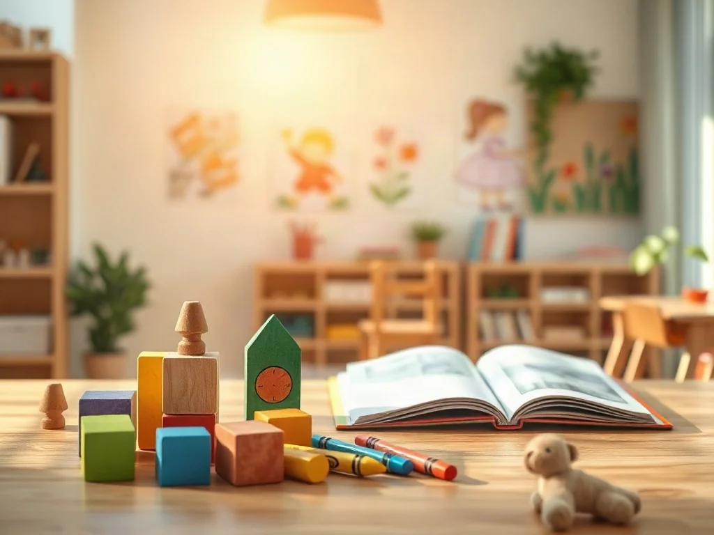 Przytulna sala przedszkolna z drewnianymi klockami i książkami, tworząca ciepłe i zachęcające środowisko edukacyjne.