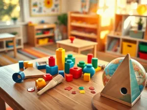 Jasne i nowoczesne wnętrze sali przedszkolnej z kolorowymi zabawkami edukacyjnymi, sprzyjające nauce i zabawie dzieci.