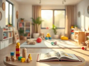 Kolorowe materiały plastyczne i dekoracje na drewnianym stole w przytulnej sali przedszkolnej przygotowane do wspólnej pracy.
