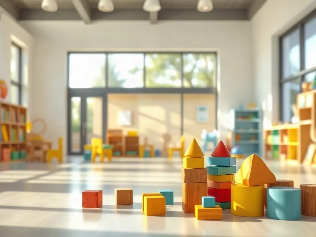 Nowoczesna, bezpieczna sala przedszkolna z zaokrąglonymi meblami i edukacyjnymi zabawkami w słonecznym wnętrzu.