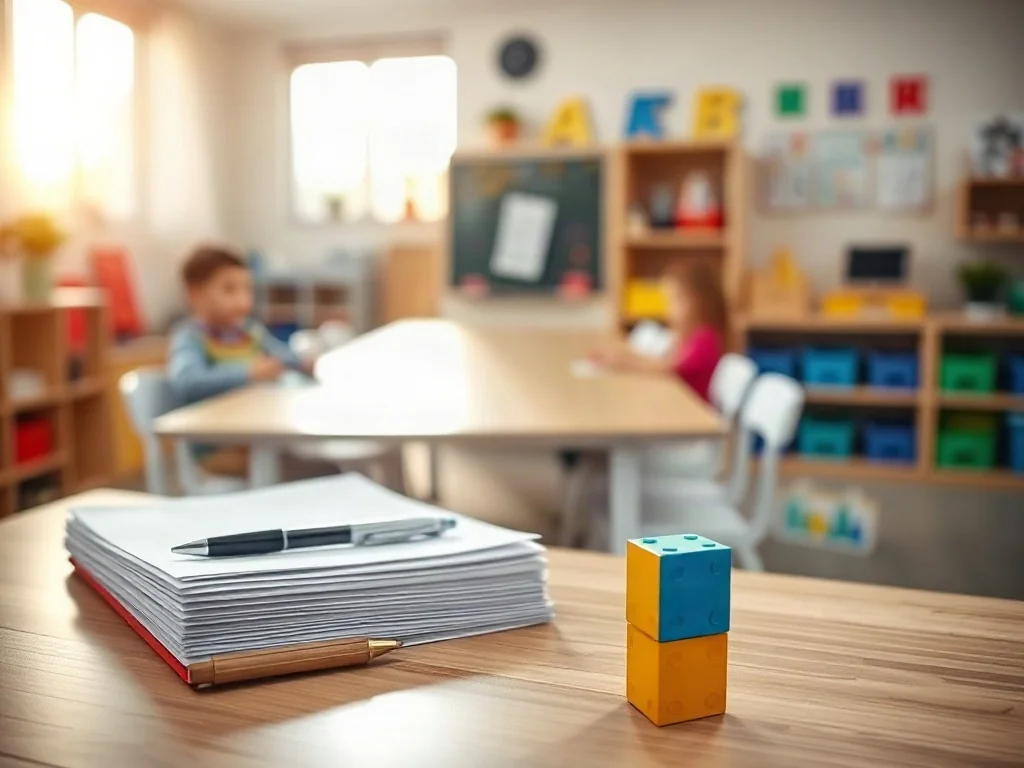 Starannie ułożone dokumenty na biurku w przedszkolu, symbolizujące przygotowanie do procesu rekrutacji.