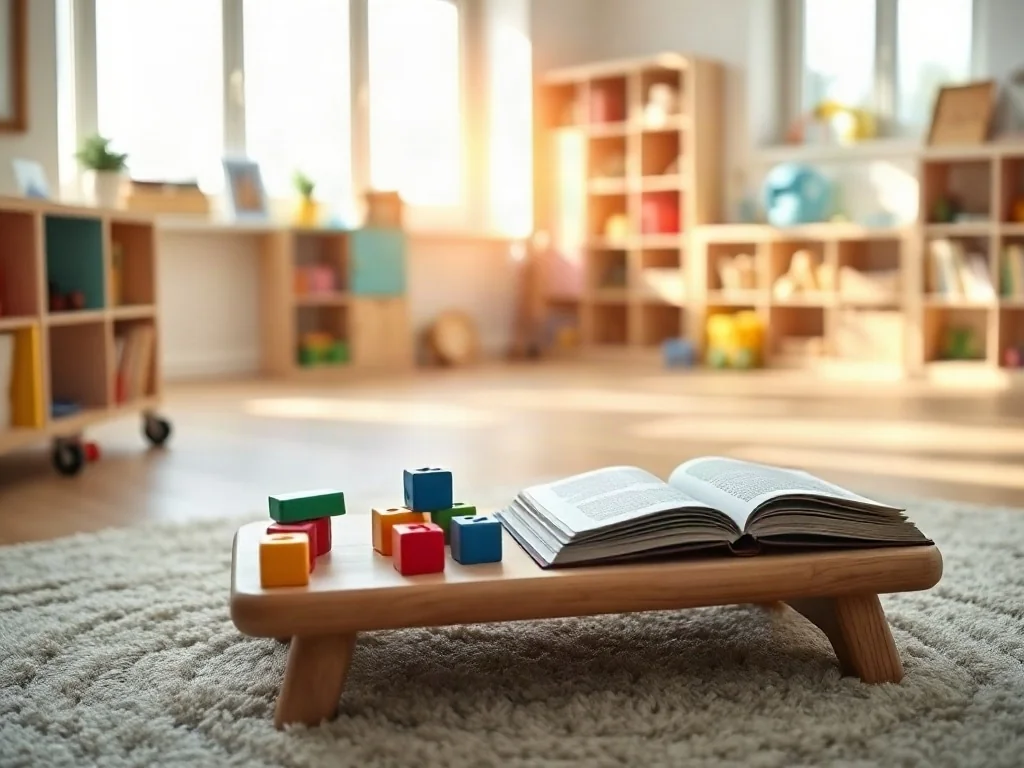 Przytulna, jasna sala przedszkolna z drewnianym stolikiem i pomocami edukacyjnymi, sprzyjająca nauce w małej grupie.