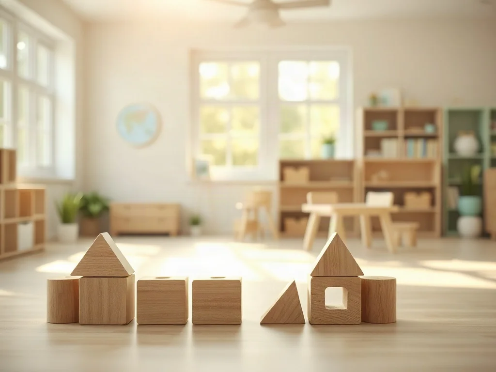Drewniane klocki Montessori obok rysunku koła symbolizującego wspólnotę w jasnej, słonecznej sali przedszkolnej.