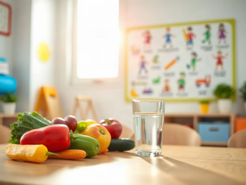 Stół w przedszkolu z owocami, warzywami i wodą, promujący zdrowe nawyki żywieniowe wśród dzieci.