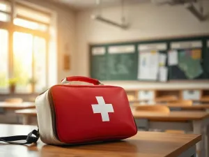 Kolorowy stolik sensoryczny z klockami i pomocami edukacyjnymi w przyjaznej sali przedszkolnej.