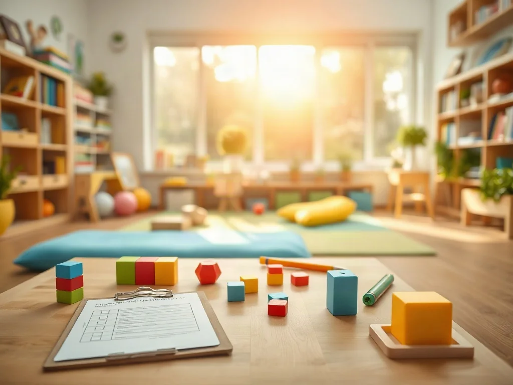 Nowoczesna, uporządkowana sala przedszkolna z przyborami edukacyjnymi i listą kontrolną na stole, gotowa do oceny jakości.