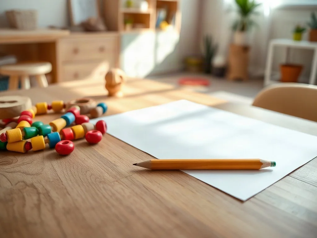 Kolorowe pomoce Montessori i ołówek na czystej kartce, zachęcające dziecko do ćwiczeń grafomotorycznych.