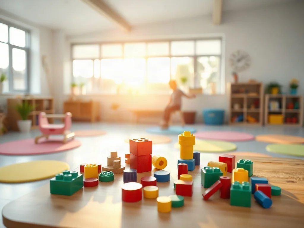 Nowoczesna, sensoryczna sala terapeutyczna w przedszkolu specjalnym z klockami edukacyjnymi i przyjazną przestrzenią do nauki.