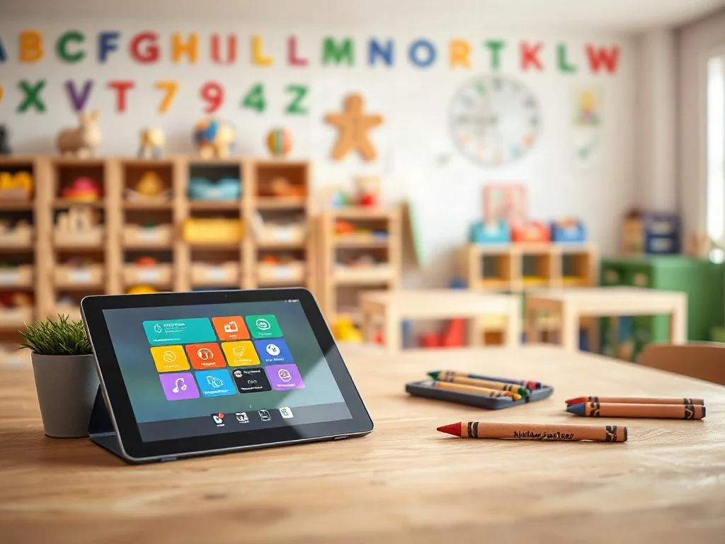 Tablet z interfejsem dziennika elektronicznego na biurku nauczyciela w przytulnej sali przedszkolnej.