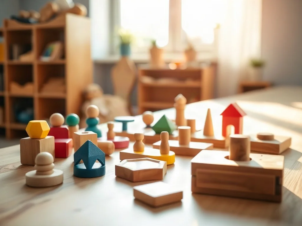 Drewniane zabawki edukacyjne typu Montessori na dębowym stole, wspierające rozwój sprawności manualnej u dzieci.