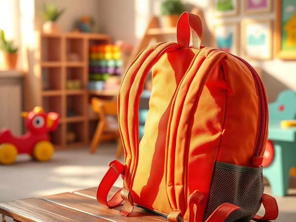 Ergonomiczne szelki kolorowego plecaka przedszkolnego z widocznym mechanizmem regulacji na drewnianej ławce.
