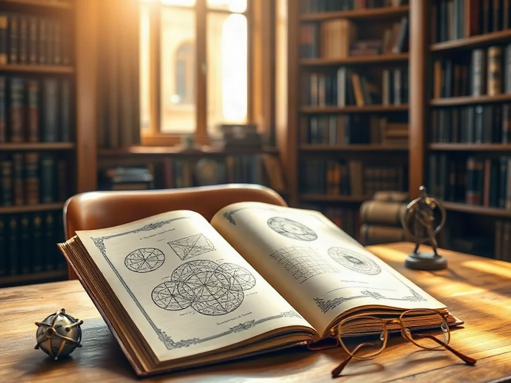 Otwarte zabytkowe książki z diagramami logicznymi, okulary i łamigłówka na drewnianym biurku w słonecznej bibliotece.