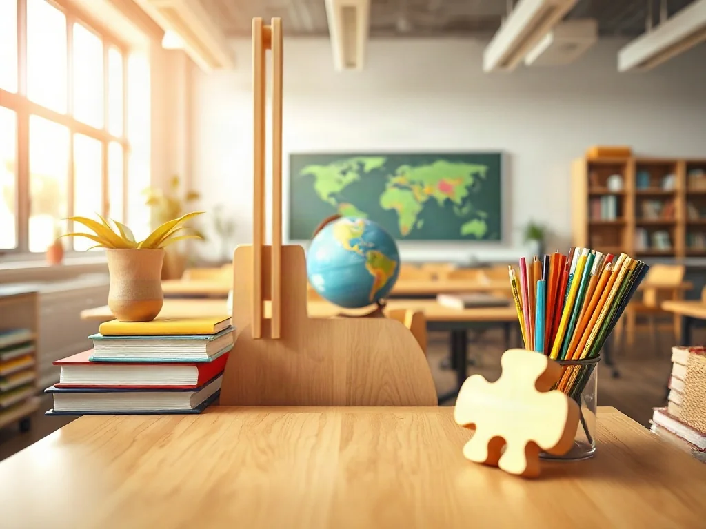 Otwarte biurko z książkami, globusem i puzzlami w słonecznej klasie, symbolizujące wolność wyboru i edukację demokratyczną.