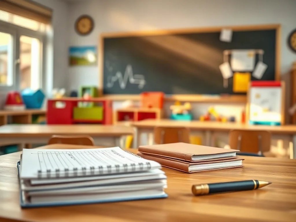 Uporządkowane biurko nauczyciela przedszkola z dokumentami i planerem, symbolizujące profesjonalną organizację pracy.